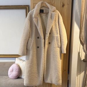 Cream Teddy Longline Coat - Plush Faux Shearling Outerwear